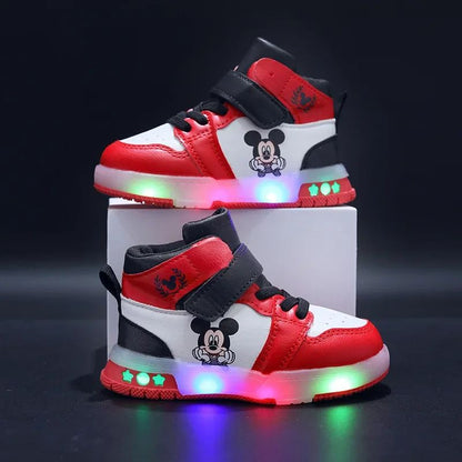 2024 Disney Children's Led Light Shoes Fashion Mickey Mouse Boys Sneakers Girls Cartton Casual Shoes Breathable Kids Sport Shoes