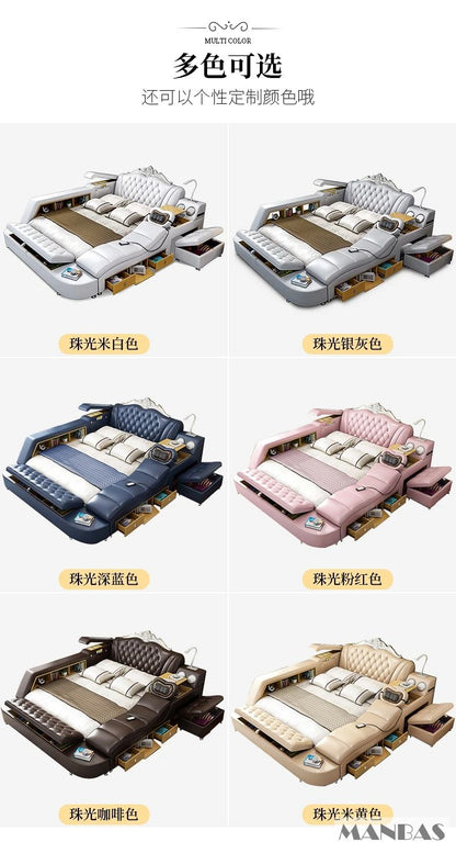 MANBAS Ultimate Bed Frame Tech Smart Multifunctional Bed with Genuine Leather, Massage, USB, Bluetooth Speaker, Tatami & Safe