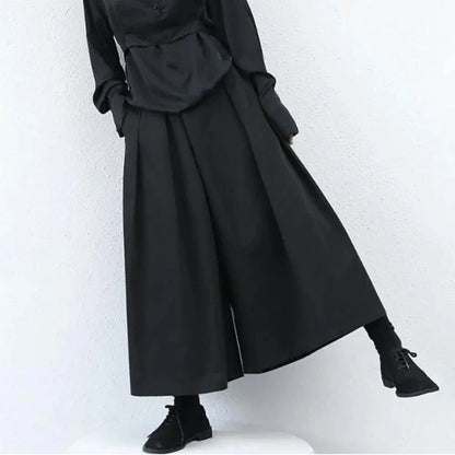 Mens Gothic Dark Style Loose Cropped Hakama Wide Leg Design Sense High Waist Samurai Pants Fashion Straight Male Skirt Pants