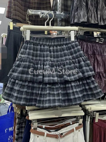 Japanese Y2k Cute Ruffled Plaid Skirt Punk Rock Subculture Cake Skirts Japanese Preppy Style Casual New 2025 Women Skirts