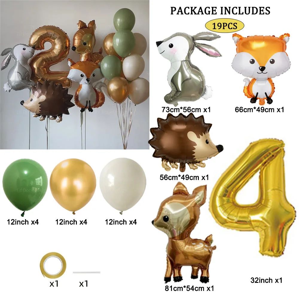 19pcs Hedgehog Deer Fox Rabbit Balloon Set Gold Number Balloon Woodland Animal Happy Birthday Party Decorations