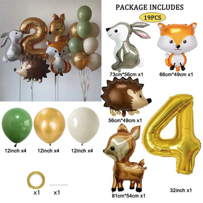 19pcs Hedgehog Deer Fox Rabbit Balloon Set Gold Number Balloon Woodland Animal Happy Birthday Party Decorations