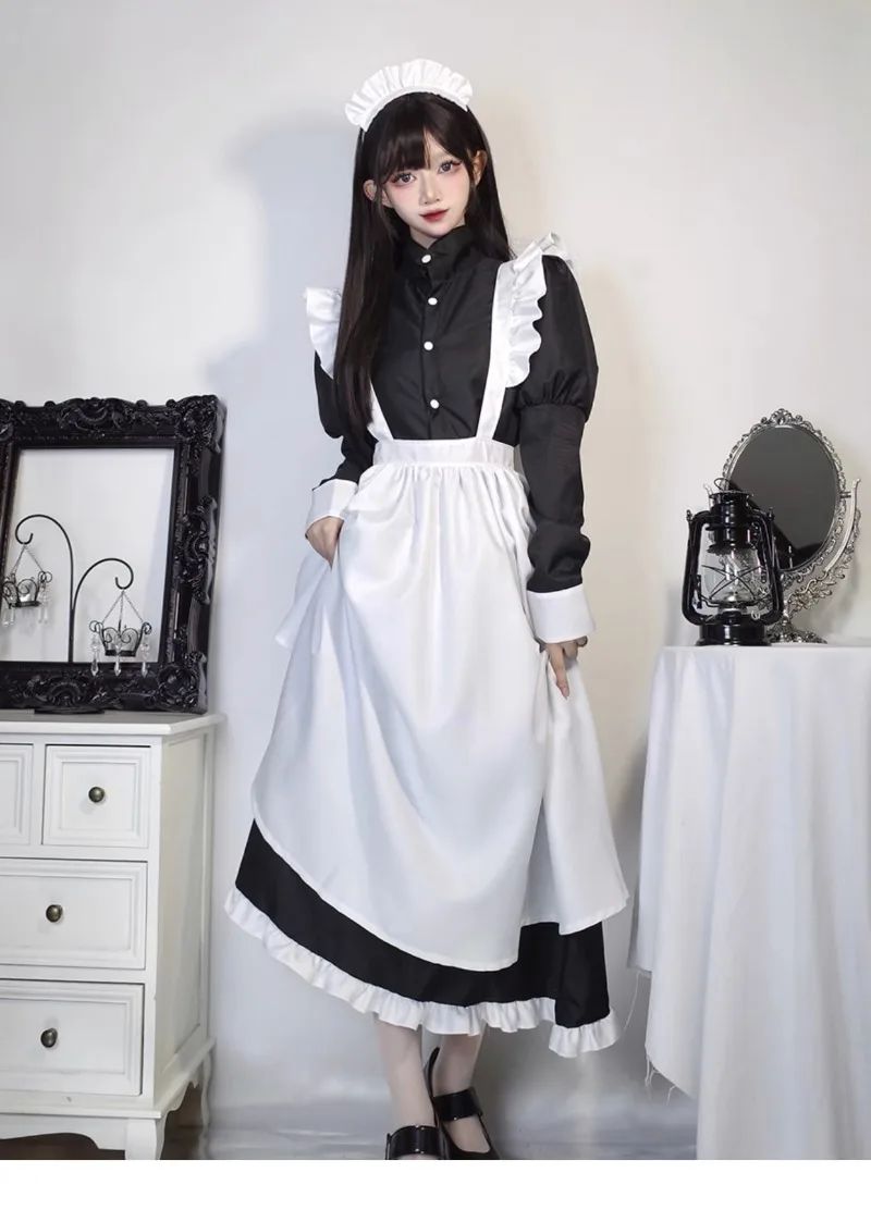 Japanese Style Maid Outfit Black White Long Dress Lolita Unisex Men Women Halloween Costume Uniform Full Set Adults Plus Size