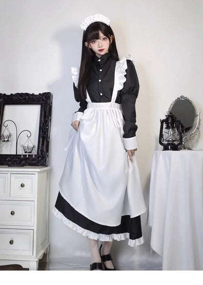 Japanese Style Maid Outfit Black White Long Dress Lolita Unisex Men Women Halloween Costume Uniform Full Set Adults Plus Size