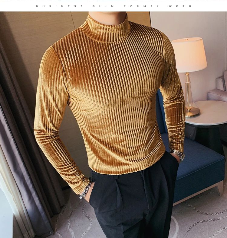 New Gold Velvet T Shirt Men Clothing Fashion Trend Male Luxury Prom Party Long-sleeved Striped Pullover Tops Homme