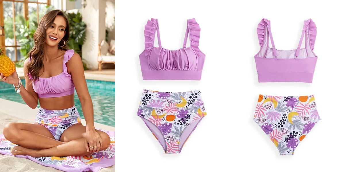 Fashion Printing Swimsuit Two Piece For Women Ruffle Swimwear Tops And High Waist Bikini Swim Shorts For Women For Teen Girls