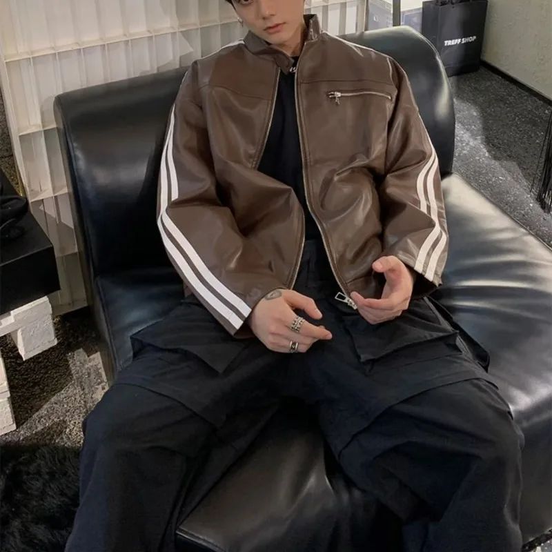 Retro Leather Jacket Men Women  American Patchwork Strip Racing Outerwear Loose Hip Hop Zippers Brown PU Coat Streetwear Spring