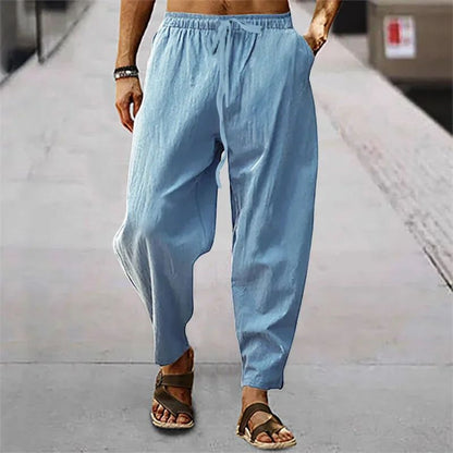2025 Calça Masculina de Algodão e Linho Verão e Outono Cor Sólida Cintura Alta Perna Larga Calça Masculina Solta Cânhamo Casual Respirável Esportiva