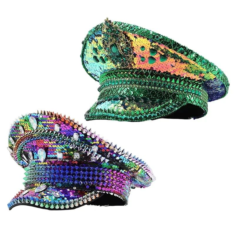 Chapéu de Capitão Chapéu Punk de Lantejoulas Coloridas com Strass para Festa Festival Aniversário Casamento Chapéu de Noiva Chapéu de Palco para Mulheres e Homens