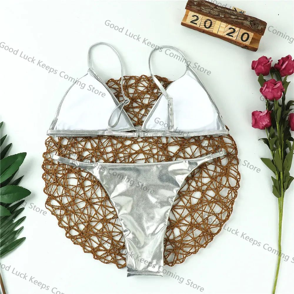 Women Sexy Thong Bikini Set Silver Gold Sequinis Biquini Swimwear 2025 Summer Push Up Padded Bra Bathing Suit Beach Wear