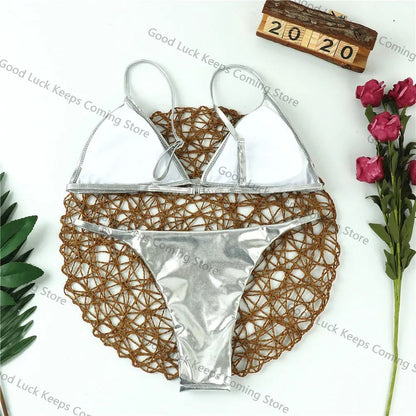 Women Sexy Thong Bikini Set Silver Gold Sequinis Biquini Swimwear 2025 Summer Push Up Padded Bra Bathing Suit Beach Wear
