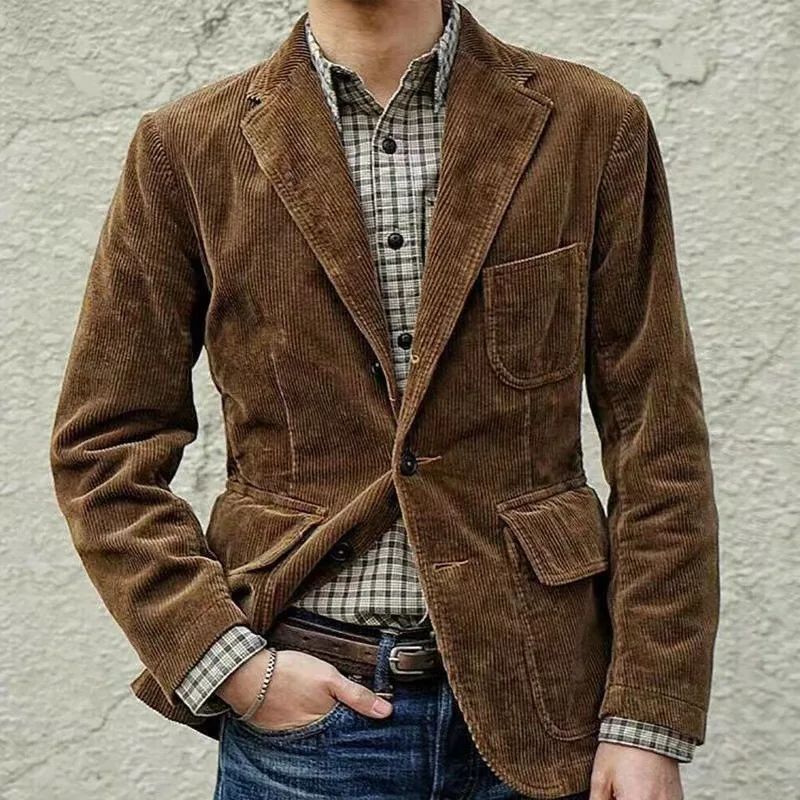 European and American Business Men's Casual Outerwear for Spring and Autumn, Fashion Button Slim Fit Corduroy Suit Coat S-XXXL