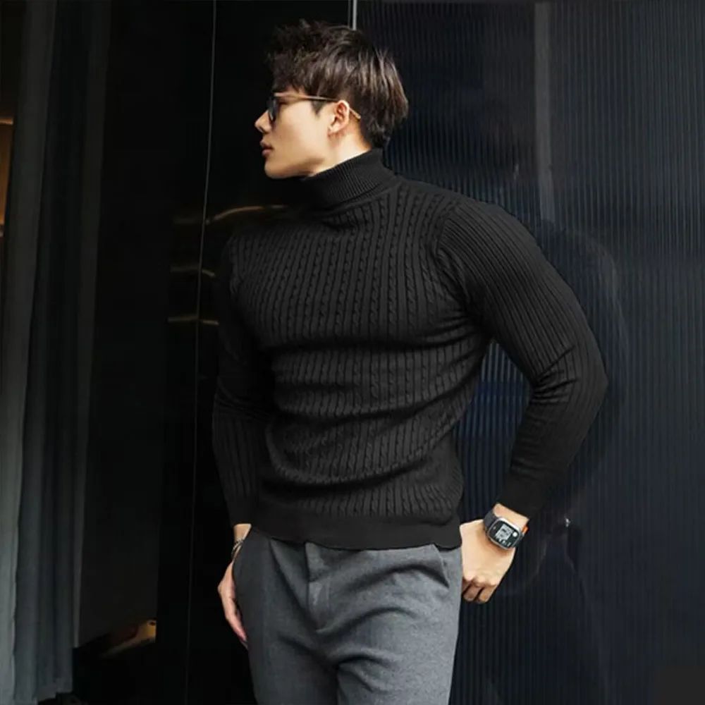 New Men's Turtleneck Sweaters Autumn Knitted Striped Streetwear Warm Long Sleeved Pullover Solid Color Basic Style Casual Tops