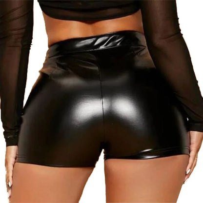 Sexy Women Oily Shiny Faux Leather Shorts Tight Black Pants Seductive Nightclub Party Wear High Waist Mini Shorts Costumes 2025