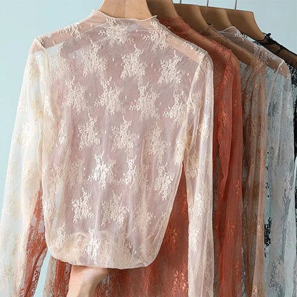New Women Floral Lace Shirt Spring Autumn Long Sleeve Sexy Mesh Bottoming Shirts Mock Neck Blouse T-Shirt Pullover Top