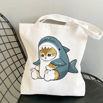 Kawaii Cats Manga Cartoon Reusable Tote Bag Women's High Capacity Versatile Canvas Shoulder Bag, Beach Shopper Handbag