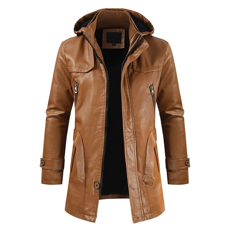 Coat Windproof Clothes Men's Hooded Long Leather coat Men's Leather Motorcycle Leather fashion Winter Korean Fashion Jacket