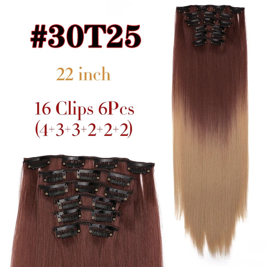 22 Polegadas Sintético Cabelo Liso Longo 16 Clipes 6 Peças/Conjunto Apliques de Cabelo Loiro Preto Resistente ao Calor Para Mulheres