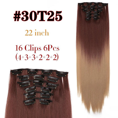 22 Polegadas Sintético Cabelo Liso Longo 16 Clipes 6 Peças/Conjunto Apliques de Cabelo Loiro Preto Resistente ao Calor Para Mulheres