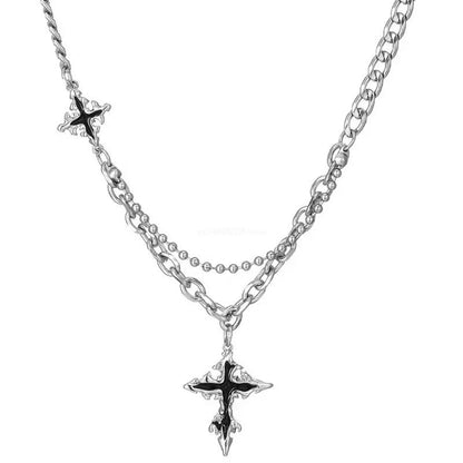 Y2K Grunge Hip Hop Halloween Joias Acessórios Punk Metal Cruz Costas Pingente Corrente Prateada Colar para Mulheres Homens 1unidade