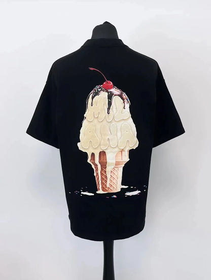 2025 summer new Harajuku street style ice cream print short sleeve cotton T-shirt men Y2k top Gothic style loose couple shirt
