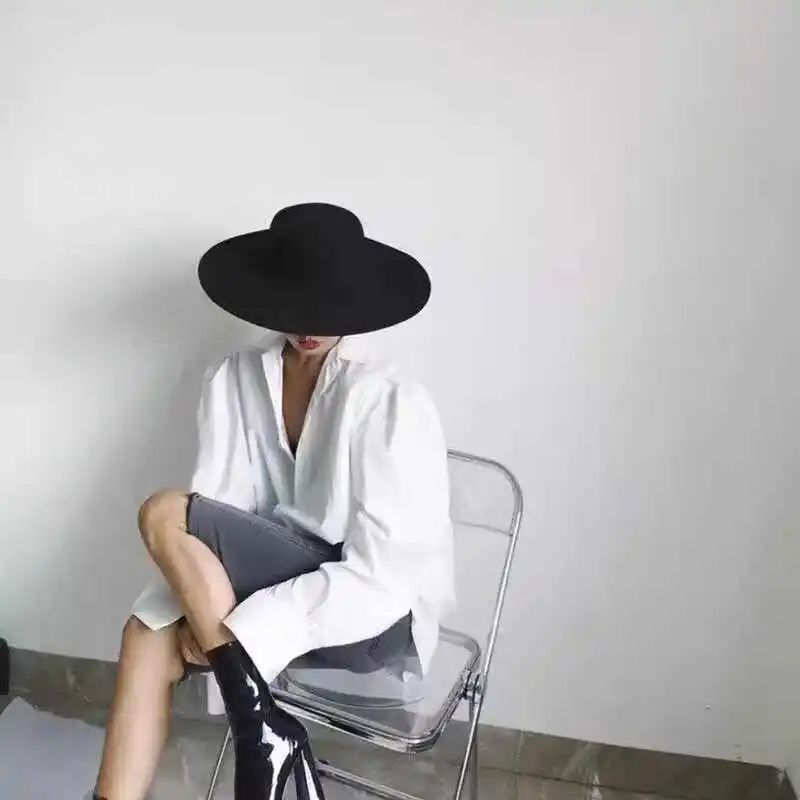 2025   Flatcap New French Elegant Flat-top Cap Dame Hat Retro Wide Brim Felt Hat Women