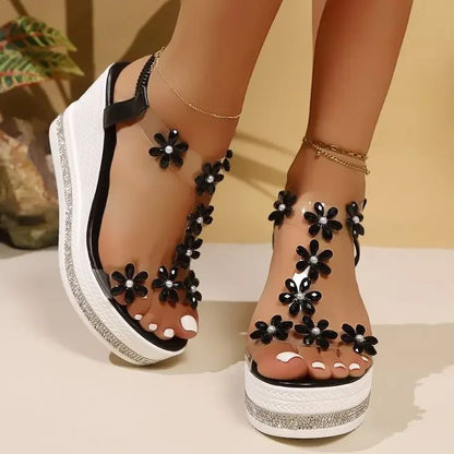 Women's Floral Rhinestone Decorative Sandals Bohemian Style Open Toe Thick Platform Wedge Heel Temperament Beach Sandal