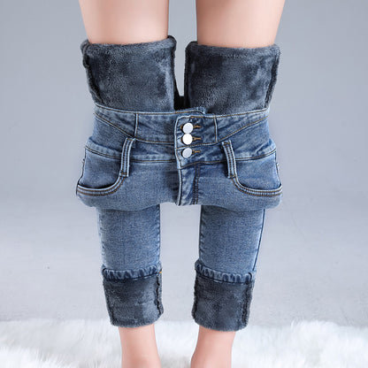Women Thermal High Waist Jeans Winter Snow Warm Plush Stretch Jeans Lady Skinny Thicken Students Denim Pants Fleece Fur Trousers