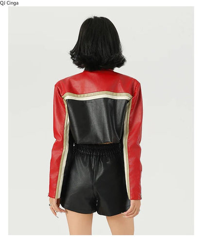 New Fall Women's Red Long-Sleeve Faux Leather Jacket, Short-Length Fashionable Biker PU Coat.