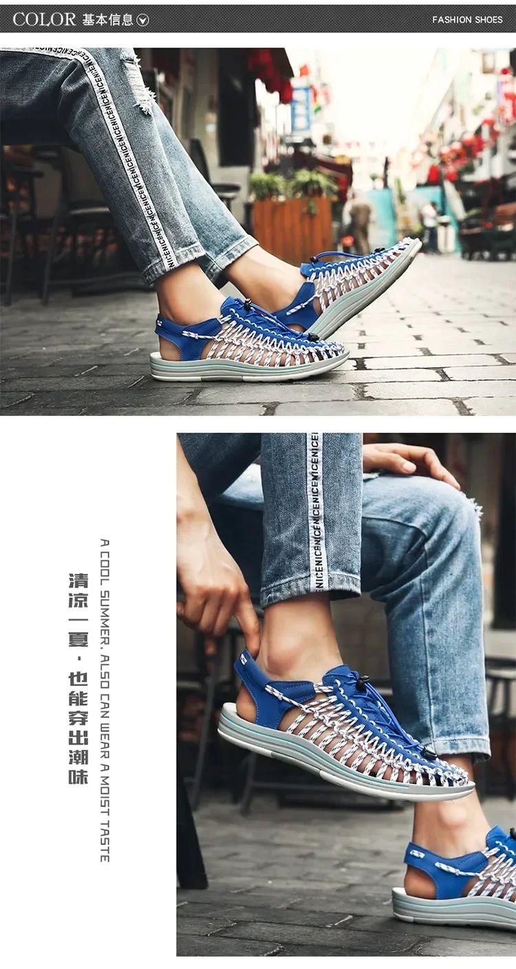 Summer Men Sandals Women Slippers Weaving Design Beach Sandals Breathable Casual Flat Sandals Outdoor Couples Sandals Size 48