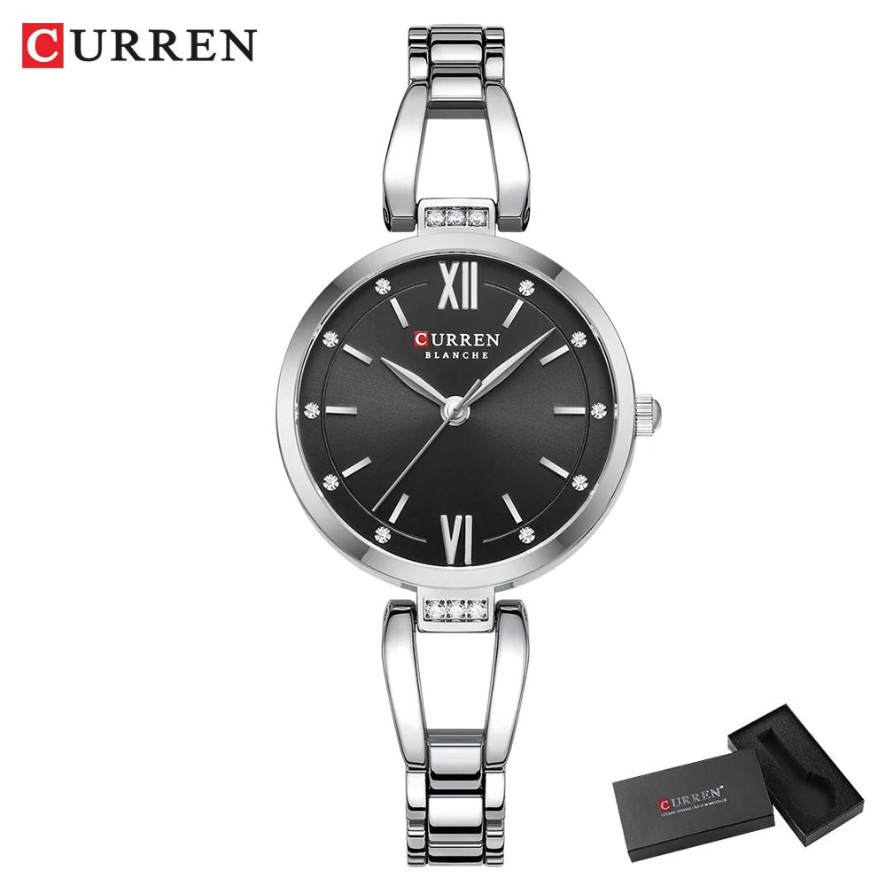 CURREN Luxury Elegance Ladies Watch with Sparkling Rhinestones Simple Quartz Stainless Steel Bracelet Wristwatch