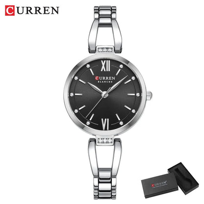 CURREN Luxury Elegance Ladies Watch with Sparkling Rhinestones Simple Quartz Stainless Steel Bracelet Wristwatch
