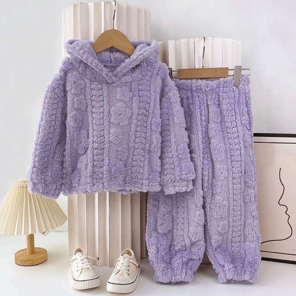 Baby Girl Clothes Purple Plush Jacquard Top+Pants 2-piece Set for Autumn and Winter Home Kids Casual Pajamas 3-7 Years Old