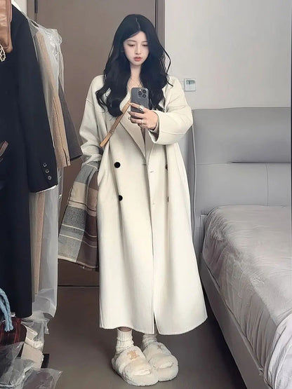 Oatmeal Color Woolen Coat Women's Loose Mid-Length Korean Style Autumn Winter New Arrival Fashion Outerwear Pure Color Full Slee