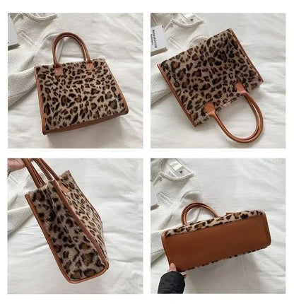 New Women Soft Plush Hand Bag New Winter Leopard Cow Print Tote Bags Female Pu Leather Underarm Bags Furry Fluffy Shoulder Bag