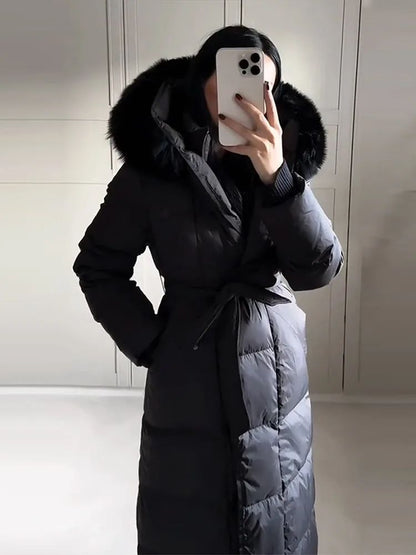 Casual Lace Up Women's Thicken Cotton Jacket Hooded Faux Fur Collar Zipper Long Coats Lady 2025 Winter Chic Female Street Coat