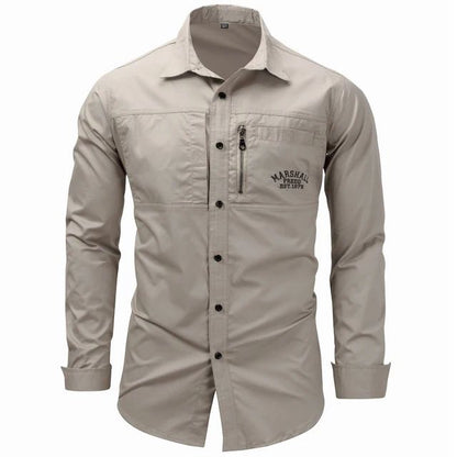 European Size Men's Shirt Cotton Multi-Pocket Button Up Green Navy Cargo Shirt Long Sleeve Button Down Hiking Fishing Work Shirt
