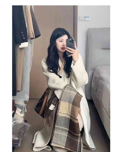 Oatmeal Color Woolen Coat Women's Loose Mid-Length Korean Style Autumn Winter New Arrival Fashion Outerwear Pure Color Full Slee