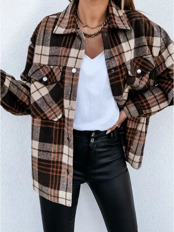 Warm Plaid Long Sleeve Shirt Jacket Autumn Winter Women's Polo Collar Patchwork Decorative Button Detailing Chinese Origin