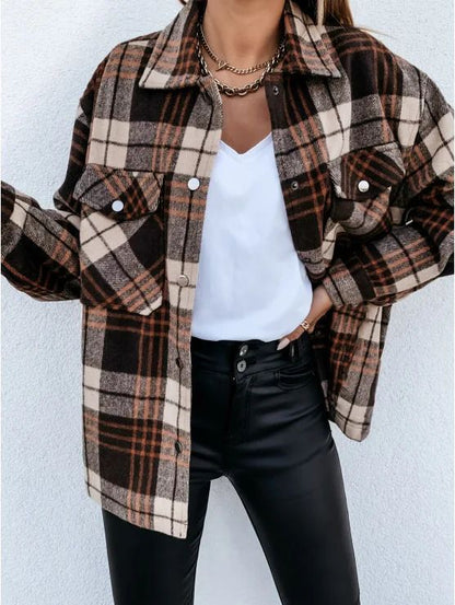 Warm Plaid Long Sleeve Shirt Jacket Autumn Winter Women's Polo Collar Patchwork Decorative Button Detailing Chinese Origin
