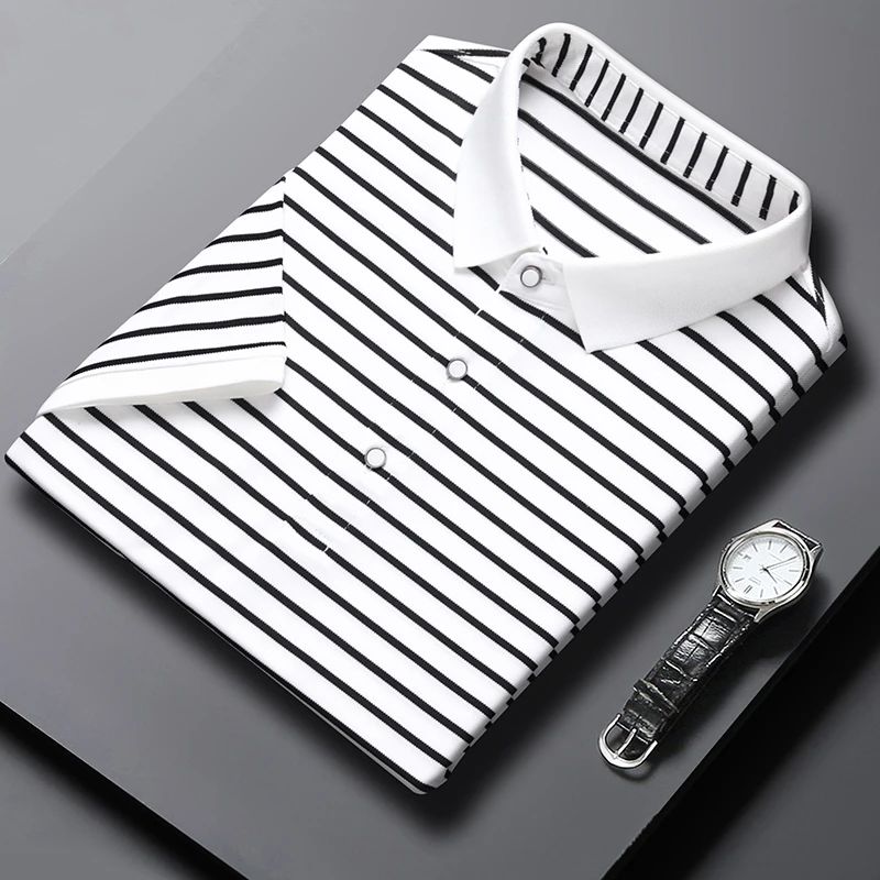 2024 Men's New Striped Cotton Business Casual Short Sleeved POLO Shirt Fashion Short Sleeved Comfortable and Breathable Top