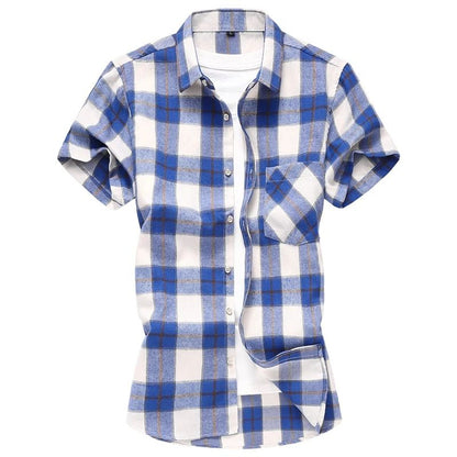2025 new red summer men's shirts short-sleeved plaid fat big yards youth casual shirt.