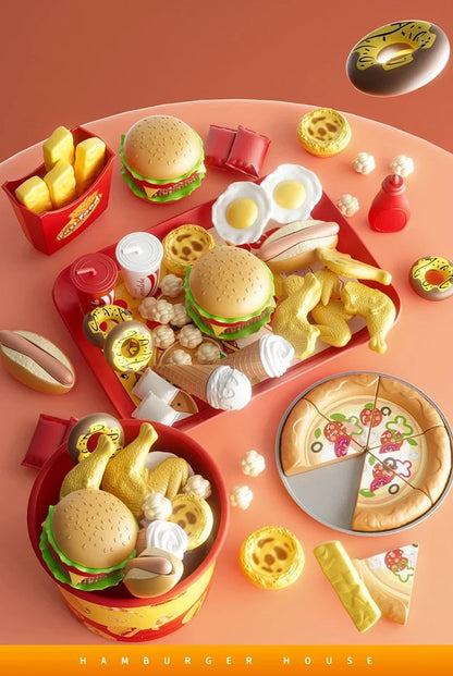 Conjunto de Brinquedos de Cozinha Infantil Simulação de Hambúrguer Pizza Batata Frita Brinquedo de Faz de Conta Comida Cozinha Jogo de Cortar Brinquedo Interativo Montessori Presente