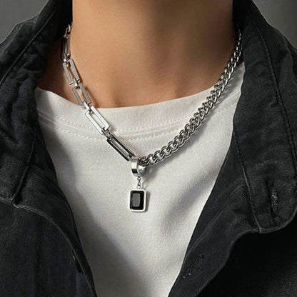 Colar Masculino da Moda, Pingente Quadrado Preto, Aço Inoxidável, Corrente Cubana Assimétrica para Homens Joias