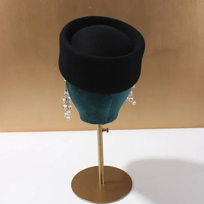 Autumn Winter Women Wool Fedoras Hats Elegant French Hard Top Concave Top Felt Berets Hat  Wedding Fascinator Party Pillbox Cap