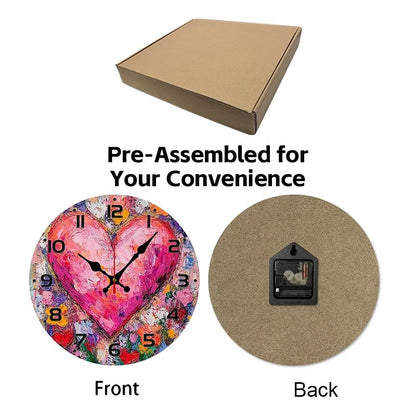 Heart Art Floral Wooden Round Silent Hanging Wall Clock, Suitable For Living Room, Office, Study Room, Bedroom, Home Decoration