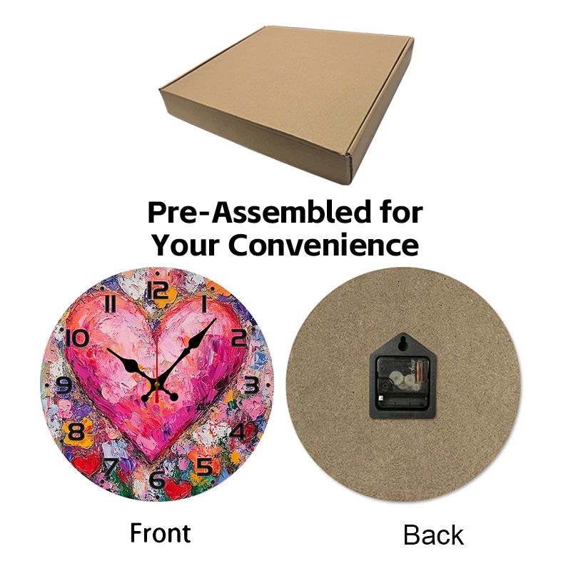 Heart Art Floral Wooden Round Silent Hanging Wall Clock, Suitable For Living Room, Office, Study Room, Bedroom, Home Decoration