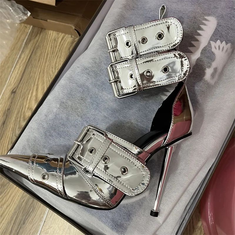 Denim Metal Rivet Buckle Silver Sandals Women's Sexy Punk Style Pointed Metal Hollow 12cm High Heels Size 34-43 Womens Shoes