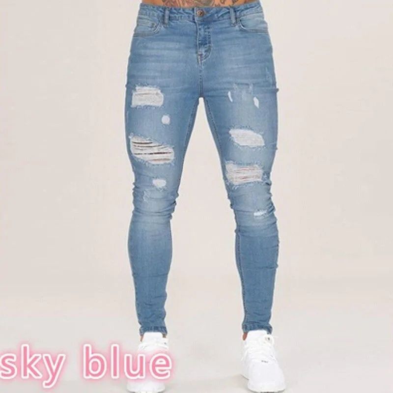 New Style Men's Hip Hop Slim Fit Jeans You And Smooths Your Silhouette Ripped Small Footwear Amazon WISH Badge Plus Size Jeans N