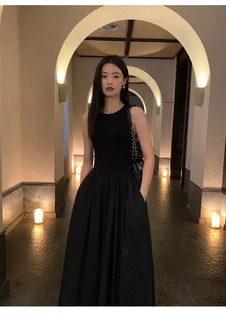 New Vintage Black Tank Top Midi Dress Wedding Dresses for Women Clothing O Neck